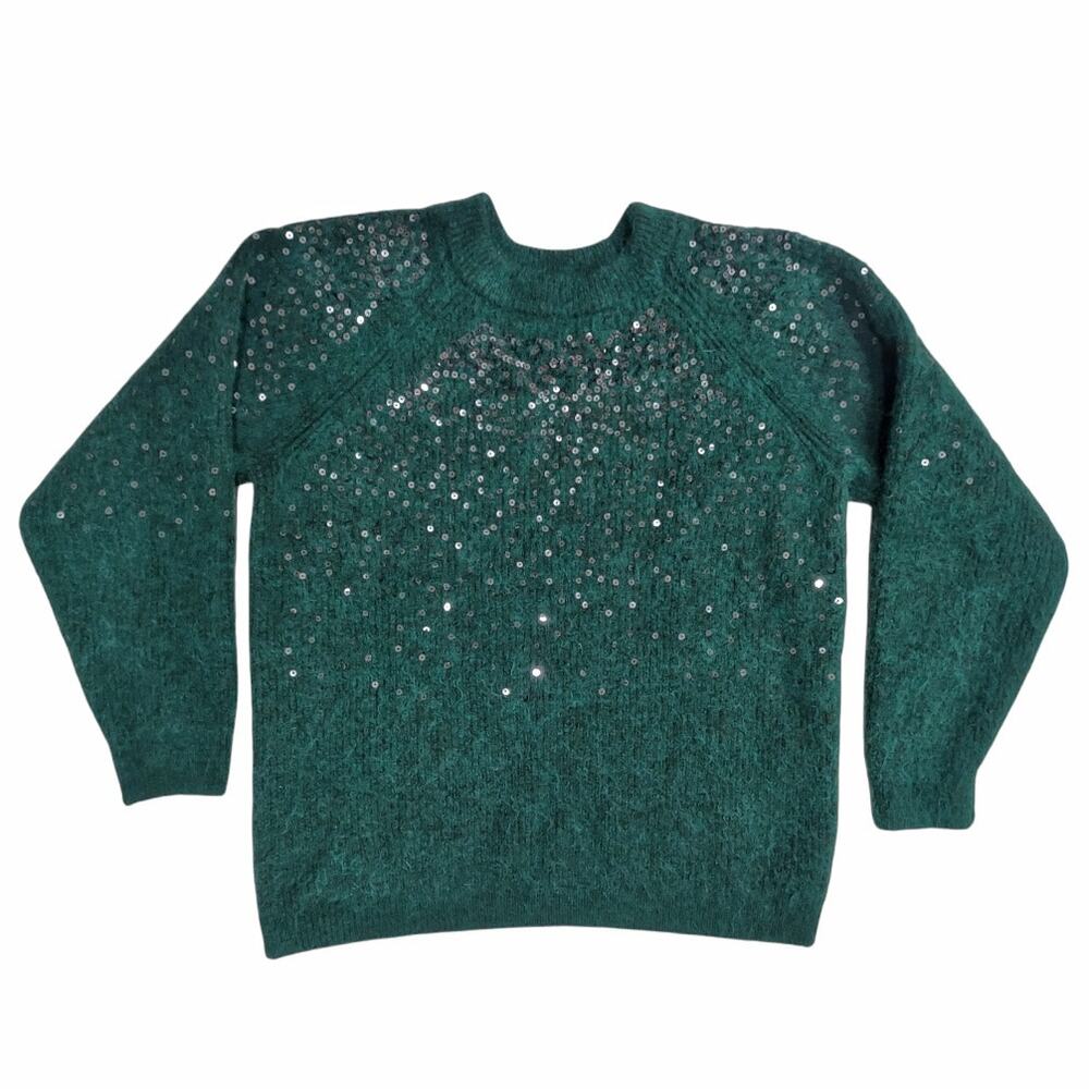 MARKS & SPENCER Green Sweater Silver Sequins Sz M Raglan Sleeve Dressy Warm Cozy